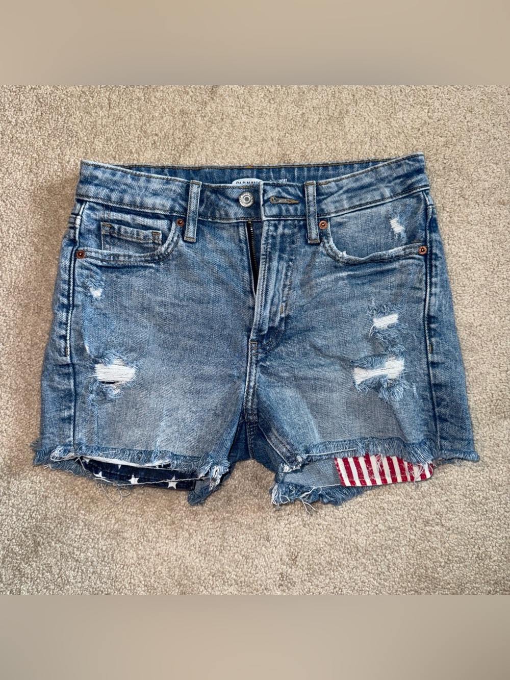 Women’s blue denim Jena high rise midi length shorts American flag distressed 2